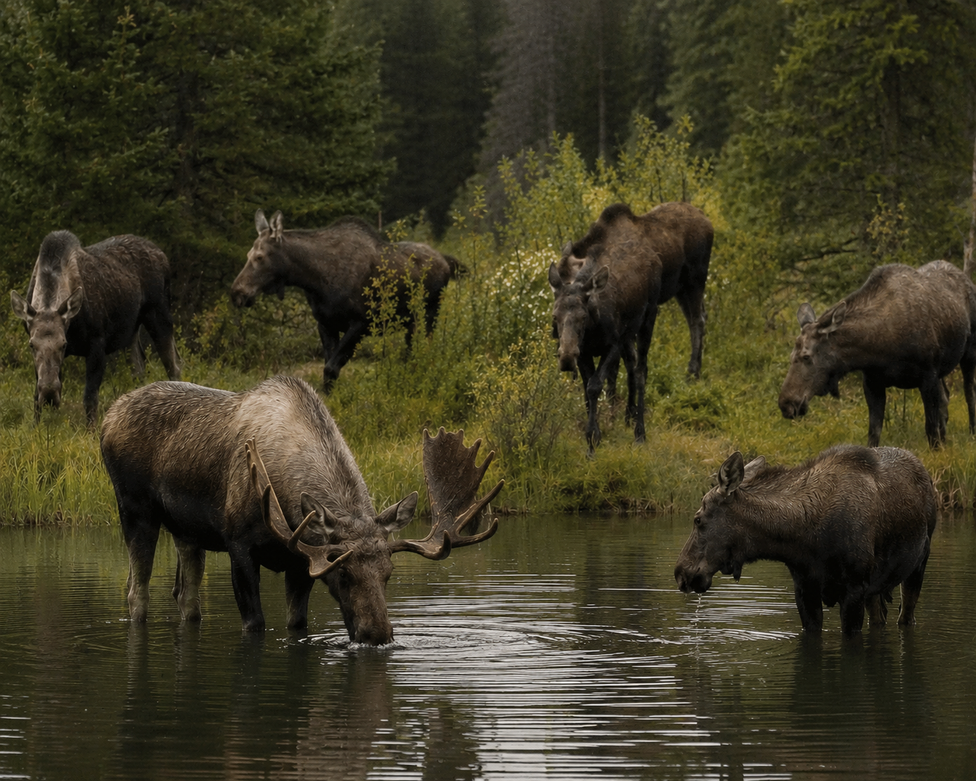 group of moose at water